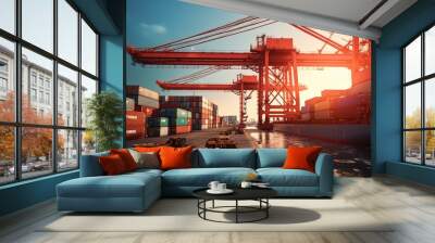 container cargo freight ship at sunset, generative ai Wall mural