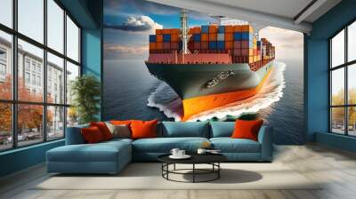 Container cargo ship arrive commercial deep seaport, Global business import export commerce trade logistic transportation International container cargo ship boat in open sea, generative ai Wall mural