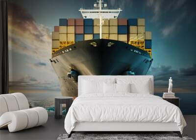 Container ship transporting container boxes in import and export with quay crane, global business cargo freight shipping commercial trade logistics,Generative AI Wall mural