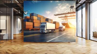 container truck ,ship in port and freight cargo plane in transport and import-export commercial logistic ,shipping business industry with generative ai Wall mural