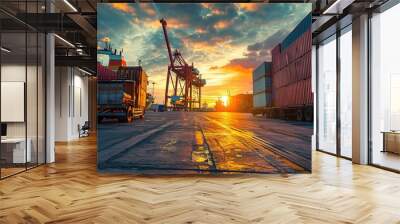 Container truck in ship port for business Logistics and transportation of Container Cargo ship and Cargo plane with working crane bridge in shipyard at sunrise, logistic import export and transport. Wall mural