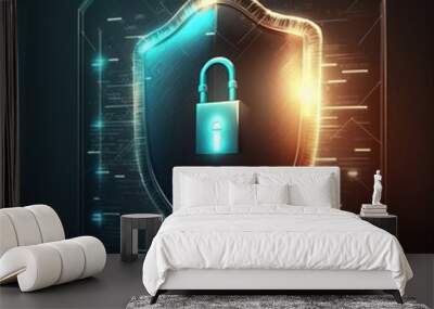 Cyber security and data protection. padlock protecting business data with virtual network connection, generative ai   Wall mural