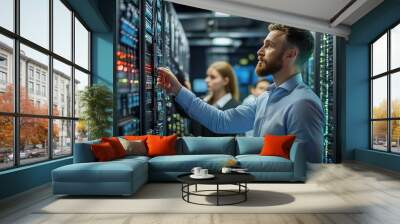 Data Center Technician: A focused IT specialist carefully monitors and manages complex server racks in a modern data center Wall mural