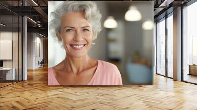 Dentist, veneers or dentures in senior woman mouth or teeth looking happy with her oral hygiene or dental cleaning cosmetic service. Mature model with smile on face for dentistry with generative ai Wall mural