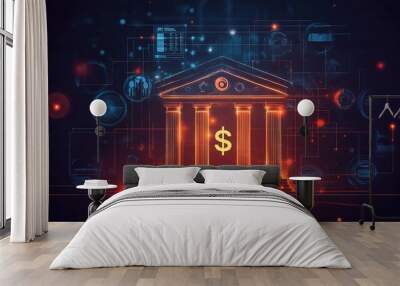 Digital Bank Concept with Financial Symbols and Graphics Wall mural