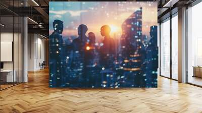 Double exposure image of many business people conference group meeting on city office building in background showing partnership success of business deal. Concept of teamwork Wall mural