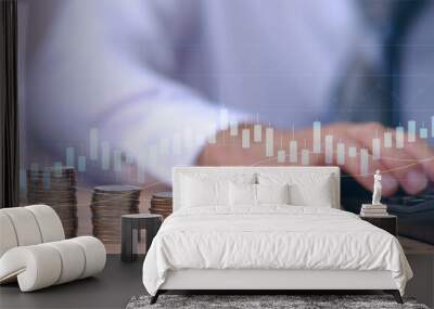 Double exposure of trading and analytical data on stock market investments, funds, and digital assets, economy, financial, banking, and currency exchange, business investment, and finance technology Wall mural