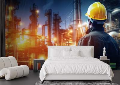 engineer working at oil industry project with large oil refinery background Wall mural