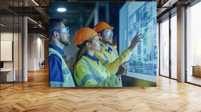 Engineering Innovation: A team of engineers wearing safety glasses and hard hats collaborate on a large digital screen, showcasing their expertise in a modern industrial setting.  Wall mural