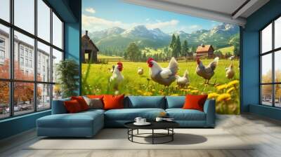 farm and grass on field for sustainable production, agriculture growth and food ecology. Poultry farming, animals and birds in countryside for eggs, protein and livestock industry with generative ai Wall mural