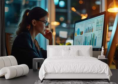 Female business analyst financial advisor preparing statistic report studying documents on work desk, browsing information online using pc Wall mural