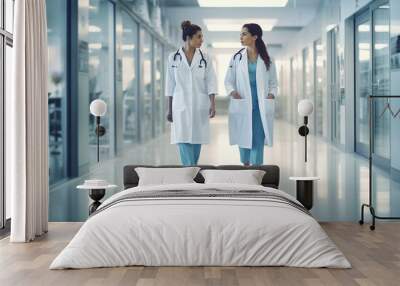 Female doctors discussing while walking in hospital corridor Wall mural