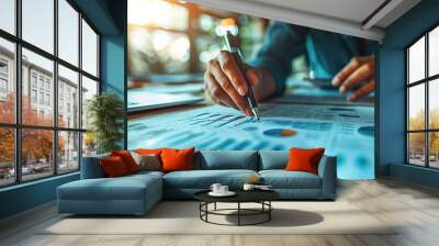 Financial Acumen: Close-up of a businesswoman's hand meticulously analyzing charts and graphs, illuminated by warm sunlight, showcasing strategic financial planning and data analysis.  Wall mural