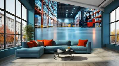 Forklift in Warehouse with Shelves and Pallets Wall mural