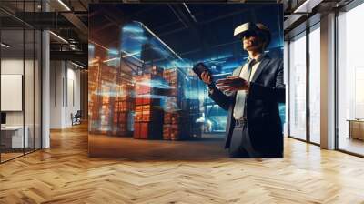 Future virtual reality technology for creative VR warehouse management. Smart technology concept for industrial revolution and automated logistic control, with generative ai Wall mural