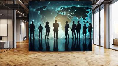 Global business concept, business people standing on world map background. generative ai Wall mural