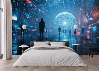 Global hologram, business people and digital transformation with scifi, cyberpunk or information technology light innovation background. Futuristic Wall mural