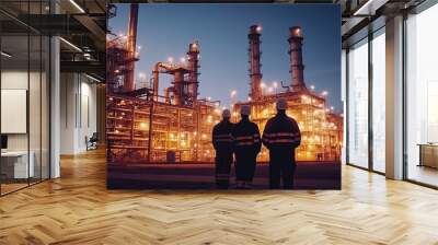 group of workers professional equipment in a petroleum refinery - modern buildings and industrial facilities for the production of fuel and gas, generative ai Wall mural