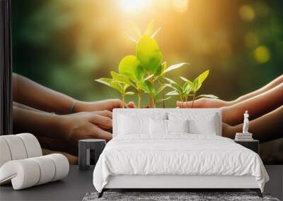 Hand holding a seedling plant against a blurred green nature background with sunlight. Earth Day idea, Sustainable Development Wall mural