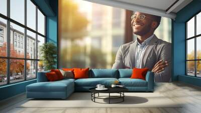 Happy, portrait of black businessman with arms crossed and at office building outside with a lens flare. Happiness, good news and confident or cheerful African male person outdoors of workplace Wall mural