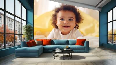 Happy healthy playful little cute adorable baby girl lying on comfortable bed or crib soft sheet. Smiling small sweet funny mixed race infant child laughing at home. Close up view, generative ai Wall mural