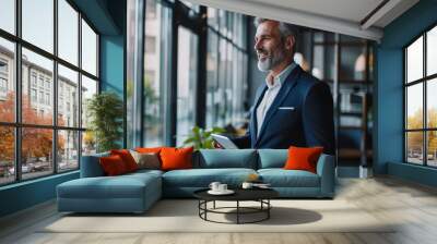 Happy middle aged business man ceo wearing suit standing in office using digital tablet. Smiling mature businessman professional executive manager looking away thinking working on tech device Wall mural