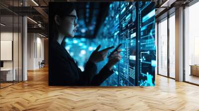 Hologram data, trading overlay and business woman with phone point at nft code in a office. Fintech, invest and information technology work of finance worker with future digital networking growth Wall mural