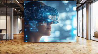 Immersed in the Digital Realm: A woman wearing a VR headset experiences the immersive world of virtual reality, surrounded by a futuristic digital landscape.   Wall mural