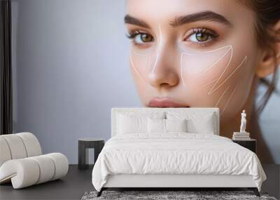 Lifting lines, advertising of face contour correction, female face skin lifting. Facial rejuvenation concept Wall mural