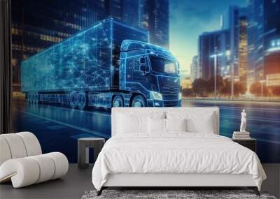 Logistics concept, Truck of logistics network distribution and smart transportation and networking intelligent logistics of truck container cargo, Logistic import export and industry with generative a Wall mural