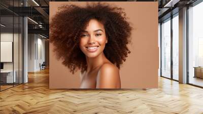 Lovely ebony woman. On a beige background, a beauty portrait of an African American woman with clean, healthy skin. Beautiful afro girl with a smile. generative ai Wall mural