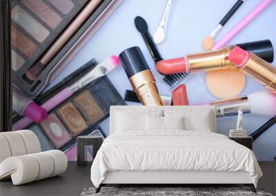 makeup set with brushes and shadows on white background Wall mural