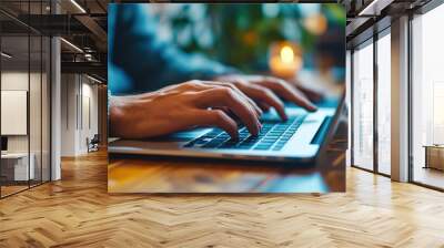 Man hands typing on computer keyboard close up, businessman or student using laptop at office Wall mural