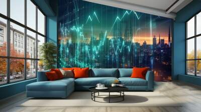 market stock graph and information with city light and electricity and energy facility industry and business background. Wall mural