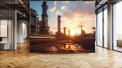 Oil and gas refinery plant or petrochemical industry on sunset sky background, Factory with evening, with generative ai Wall mural