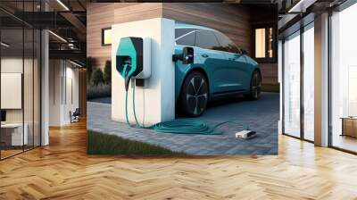 Plugged-in electric vehicle with charging cable powered for progressive concept by alternative clean energy rechargeable EV car at home charging station, generative ai Wall mural