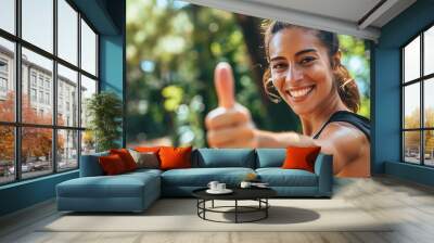 Portrait, happy woman or thumbs up for fitness, nature or healthy running workout exercise with smile. Girl athlete runner smiling showing thumbsup for training, wellness or exercising in a park Wall mural