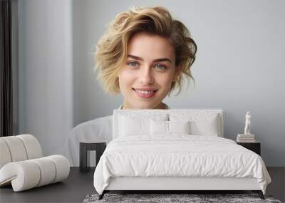 Portrait of young businesswoman smiling. Close-up of confident female professional is having short blond hair. She is wearing green top against white background with generative ai Wall mural