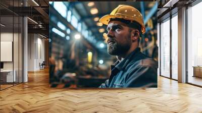 professional technician engineer with safety helmet hard hat working in industrial manufacturing factory, men at work to checking equipment of machinery production technology Wall mural