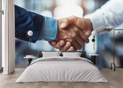 Sealing the Deal: A close-up handshake signifies trust and partnership in a modern business setting.  Wall mural