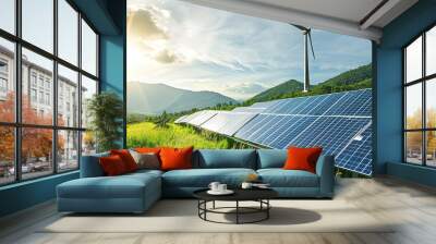 solar energy panel photovoltaic cell and wind turbine farm power generator in nature landscape for p Wall mural