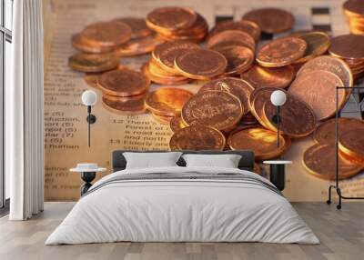 stack of golden coins on black background and advertising coins of finance and banking, increasing columns of gold coins on table Wall mural