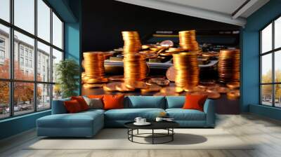 stacks of coins on a black background Wall mural