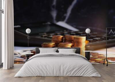 Stacks of gold money coin on black background and concept saving money  Wall mural