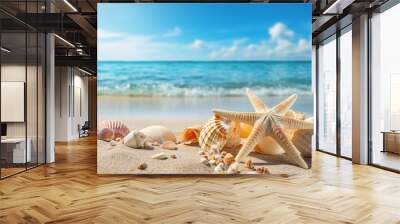 Sunny tropical beach with turquoise ocean, summer vacation background, sea shells and starfish on the beach, with generative ai Wall mural