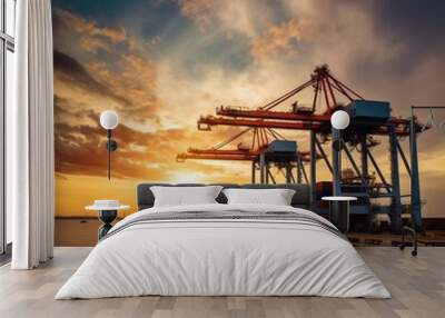 terminal logistic container depot sea port freight shipping, a crane loads cargo containers onto container ships that are waiting in the international terminal logistic container depot sea port freigh Wall mural