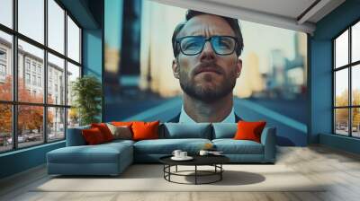 The Weight of Decisions: A contemplative businessman in glasses stands amidst the urban jungle Wall mural