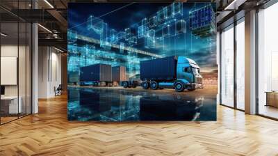 Transportation and logistic network distribution growth. Container cargo ship and trucks of industrial cargo freight for shipping. Business logistic import export with generative ai Wall mural