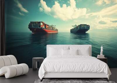 Two Cargo Ships on Calm Waters Under Blue Skies Wall mural