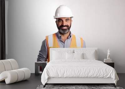 Waist up portrait of Middle-Eastern engineer wearing hardhat posing against white background holding tablet, copy space with generative ai Wall mural